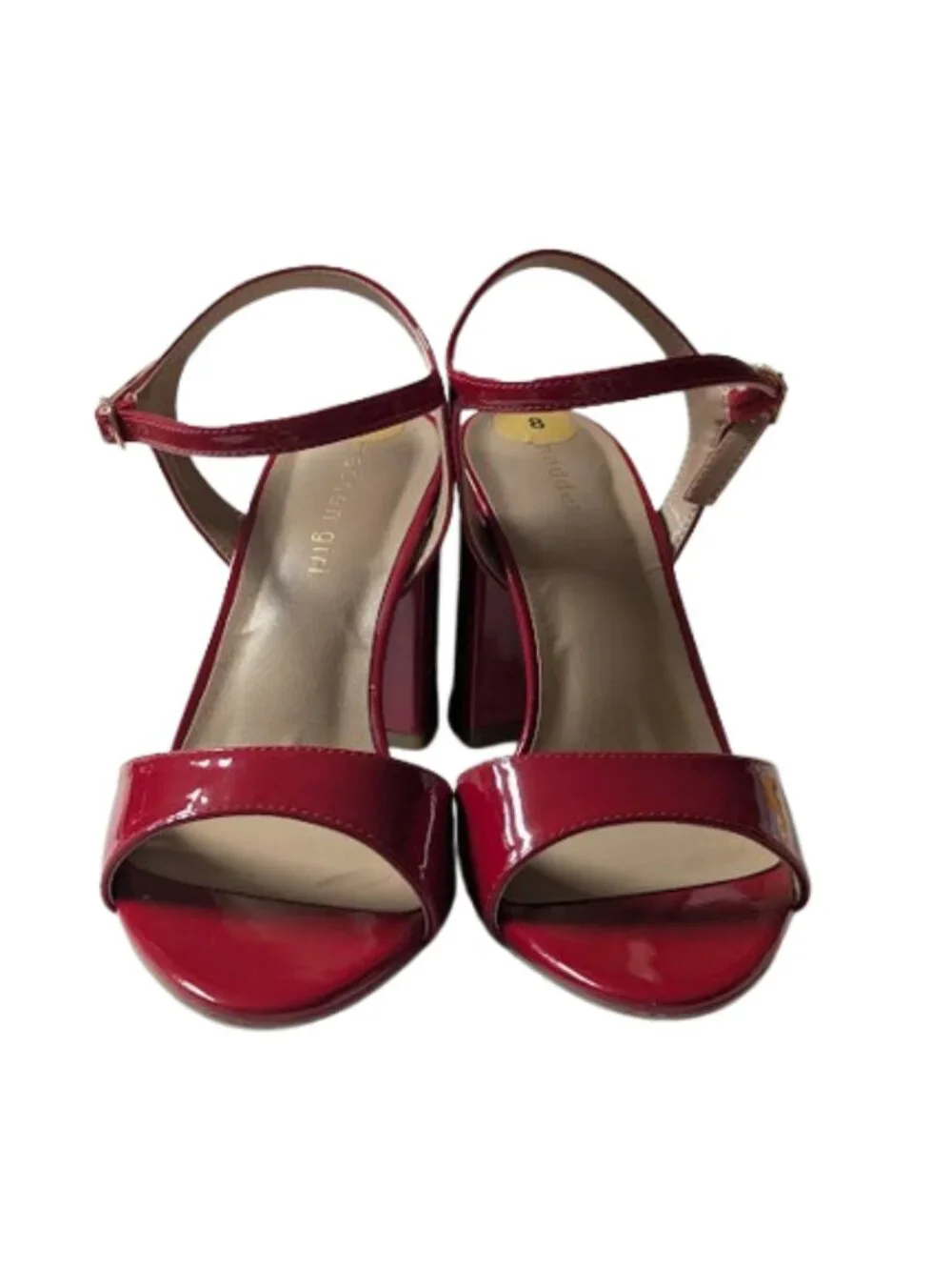 Madden Girl Red Glossy Ankle Strap Block Heel Open Toe Sandals Size 8 NWOB